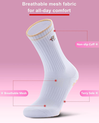 Pilates Grip Socks for Women - Embroidery Athletic Crew, Non-Skid Sticky Soles for Yoga, Barre, Workout & Hospital