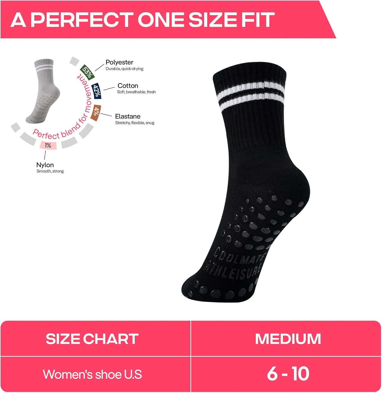 COOLMATE Pilates Socks with Grips for Women, Yoga Socks, Crew Non Slip Women for Barre, Pilates Gifts for Women - Colors B