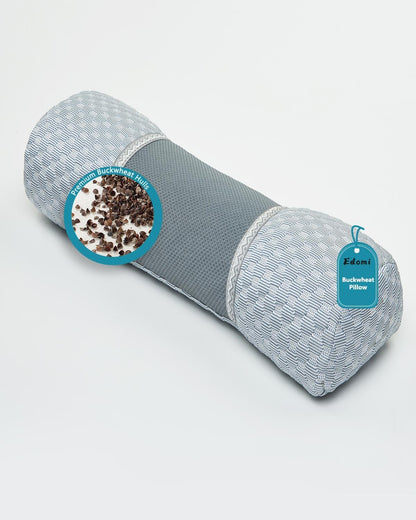 Buckwheat Hull Neck Roll Pillow -15.7" x4.7” Adjustable Firmness Cervical Support for Sleep & Yoga, Cooling Floral Cotton Cover, Ergonomic Bolster Pillow, Blue