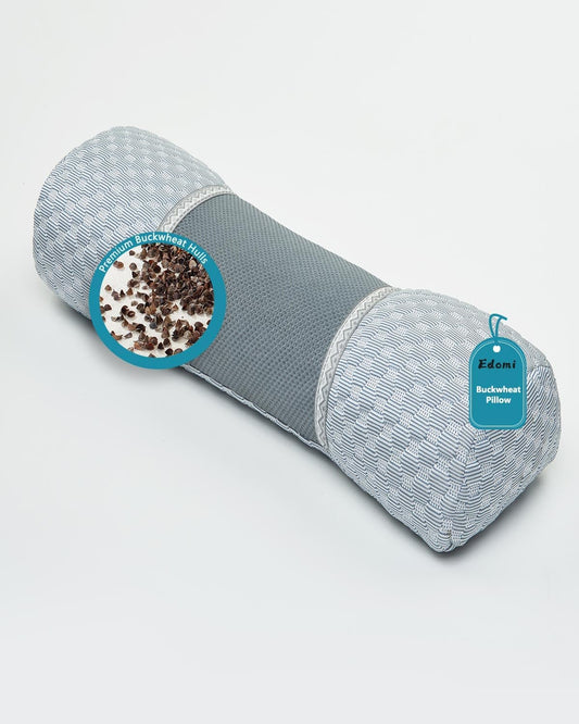 Buckwheat Hull Neck Roll Pillow -15.7" x4.7” Adjustable Firmness Cervical Support for Sleep & Yoga, Cooling Floral Cotton Cover, Ergonomic Bolster Pillow, Blue
