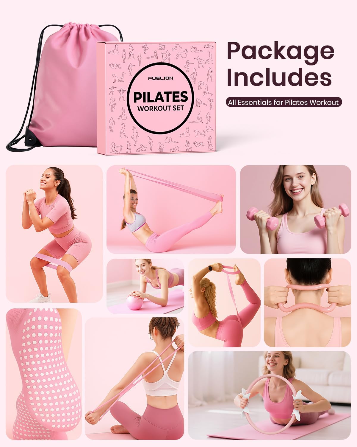 Pilates Ring Set for Women, Home Workout Pilates Equipment with Resistance Bands, 14'' Magic Circle, Mini Ball, Pilates Starter Kit for Strength, Toning and Flexibility