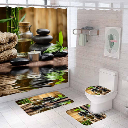 4PCS Spa Zen Shower Curtain Sets with Rugs, White Shower Curtain, Pink Floral Orchid Lotus Water Lily Stone Bamboo Water Reflection Yoga Massage Relaxing Spiritual Meditation Bathroom Decor