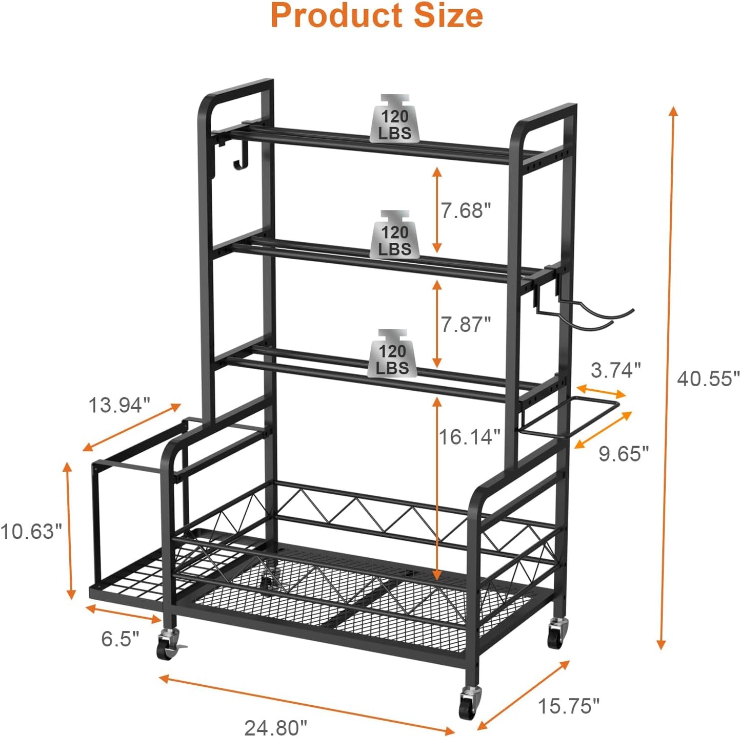 Dumbbell Rack, Adjustable Weight Rack for Home Gym Storage with 4 Wheels, Side Basket, Hooks, Multipurpose Metal Dumbbell Stand for Kettlebells, Yoga Gear, Strength Training Equipment, Black