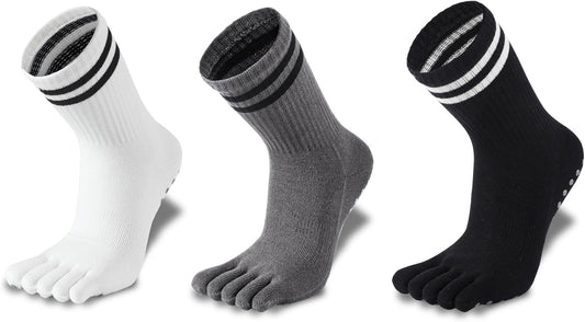 3Pairs Grippy Yoga Socks for Women – Full Toe Cotton Crew Pilates Socks with Non Slip Sticky Grip Bottom,Gifts for Yoga,Barre,Pilates,Dance,Exercises and indoor walking.(Black/Grey/White)