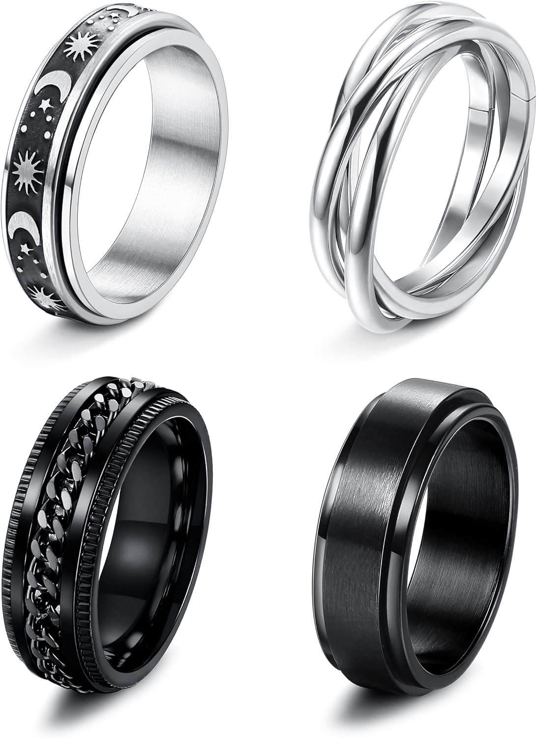 FUNRUN JEWELRY Stainless Steel Fidget Anxiety Ring for Women Men Fidget Spinner Rings Moon Star Celtic Stress Relieving Spinning Ring Wedding Band Rings Set,4-6Pcs