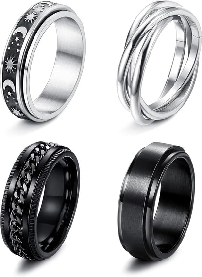 FUNRUN JEWELRY Stainless Steel Fidget Anxiety Ring for Women Men Fidget Spinner Rings Moon Star Celtic Stress Relieving Spinning Ring Wedding Band Rings Set,4-6Pcs