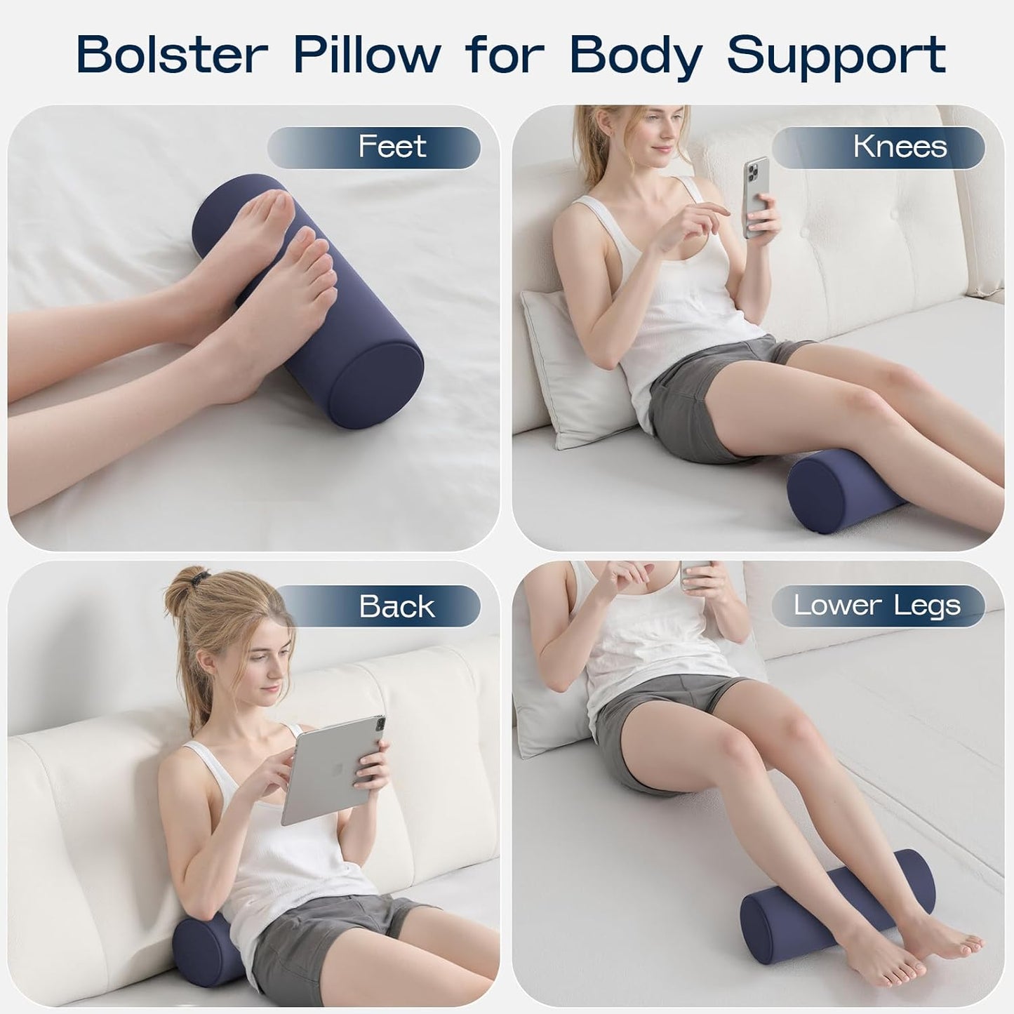 Neck Roll Pillow, Memory Foam Neck Support Pillows, Round Neck Pillows, Cylinder Bolster Pillows for Bed, Couch, and Yoga, Removable Washable Cover,18 * 4.1 * 4.1inch (Cool-Blue)