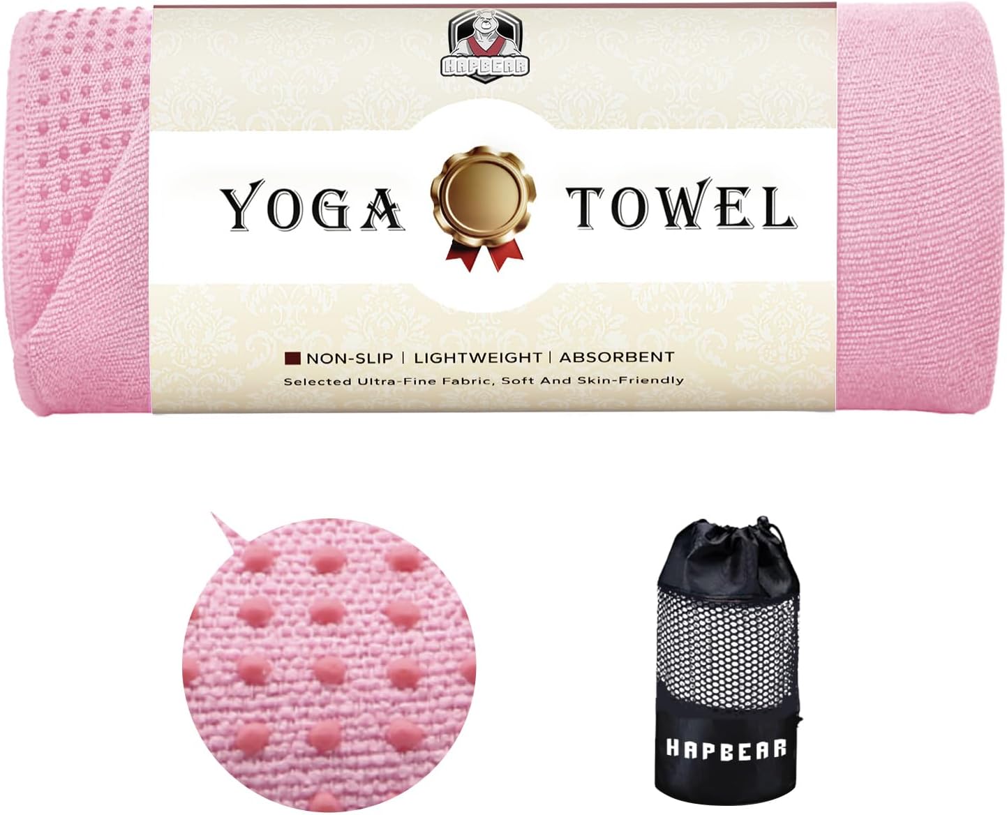 HAPBEAR Hot Yoga Towel with Non-Slip Grip Dots, Super-Absorbent Microfiber Yoga Mat Towel for Sweaty Bikram, Pilates and Studio Workouts - Grey