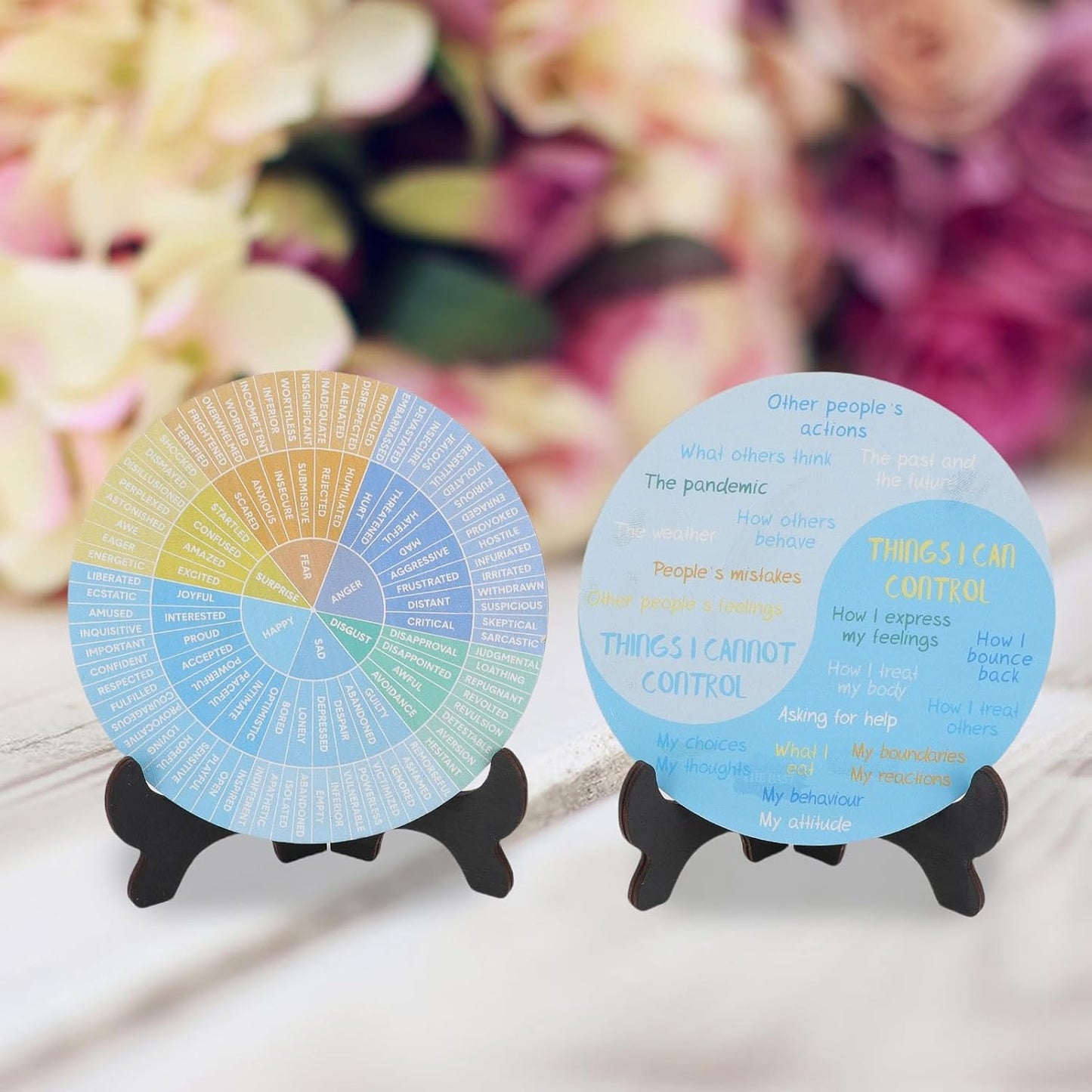 YUYTE 2pcs Feelings Wheel Emotions Chart, Emotion Wheel with Premium Poplar Wood Stand for Bedrooms Living Rooms Offices Yoga Meditation Spaces, Office Desk Decor