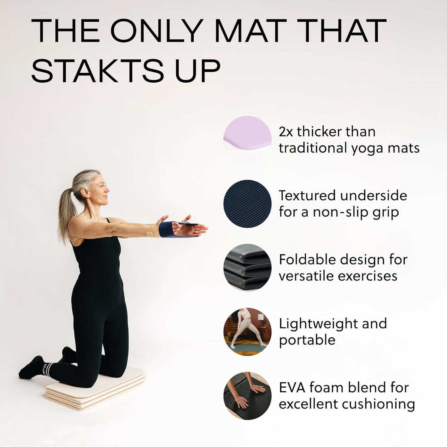 Stakt Foldable Yoga Mat Pro, 2 in 1 with Premium Textured Grip, Non Slip, Folding Exercise and Fitness Mat for Pilates, Strength Training, and High Impact Workouts
