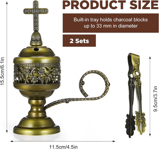 Zonon 1 Set Incense Burner with Tong, Frankincense Charcoal Incense Stand Holder, Ideal for Yoga, Spa, Aromatherapy, Home and Christian Church Censer (Gold,Retro)