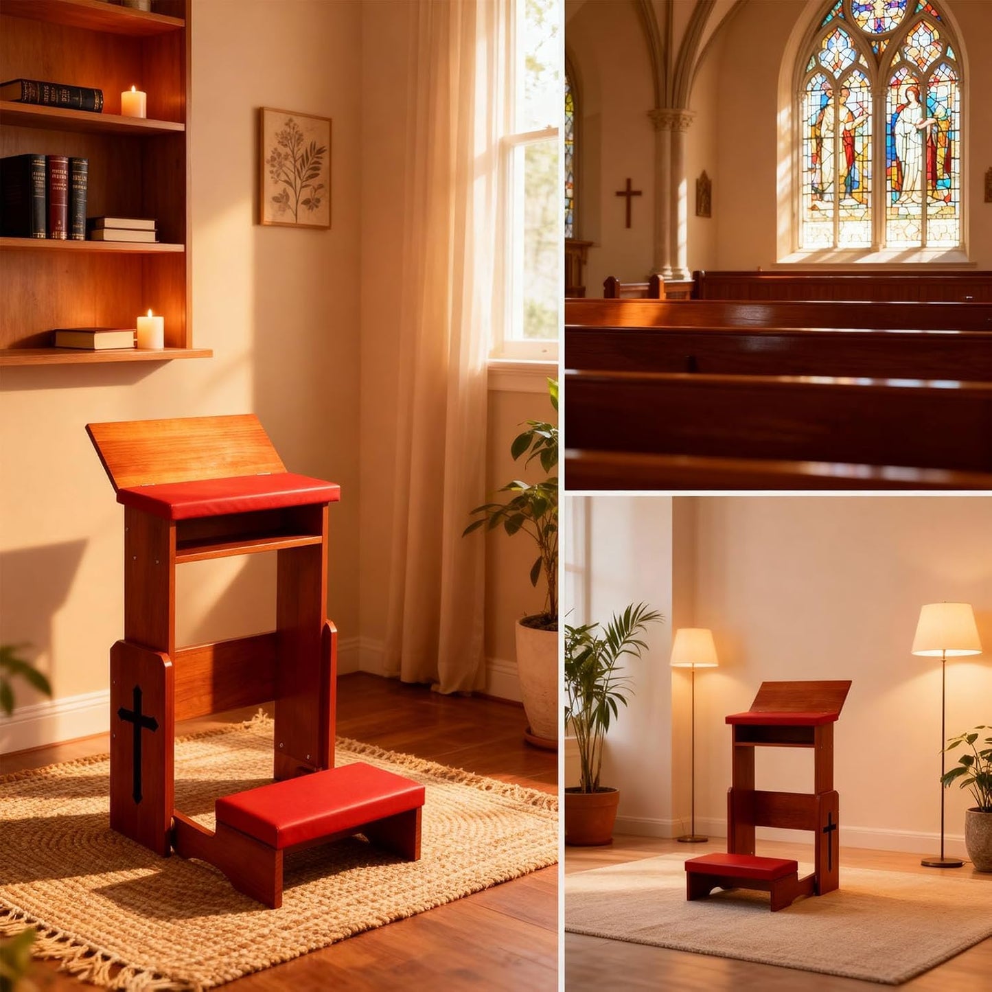 Fanwer Folding Prayer Bench for Home Use - Adjustable Wooden Kneeler for Prayer & Meditation, Compact Kneeling Altar with Bookshelf, Ideal for Church, Chapel, or Personal Devotion