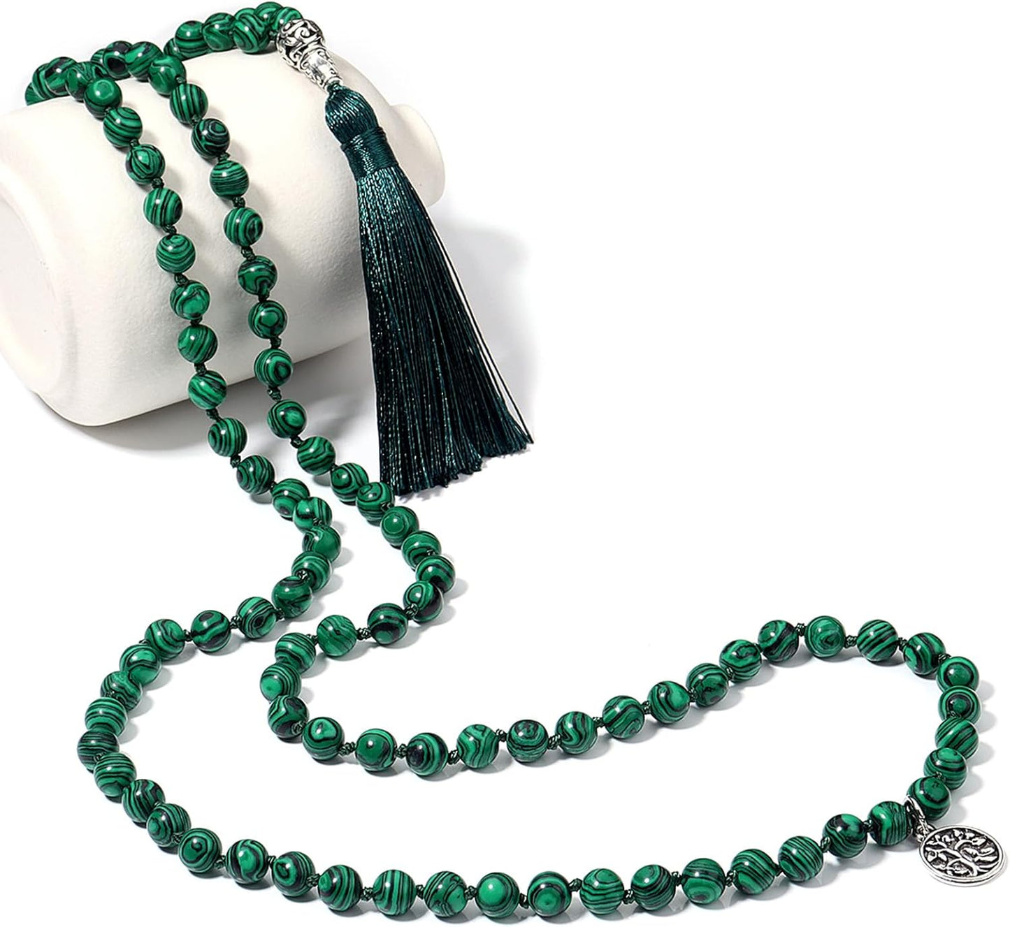 108 Mala Beads Necklace Semi-Precious Gem Stones Meditation Necklace 108 Hand Knotted Japa Mala Beaded Tassel Necklace with Tree of Life Pendant