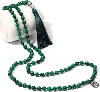 108 Mala Beads Necklace Semi-Precious Gem Stones Meditation Necklace 108 Hand Knotted Japa Mala Beaded Tassel Necklace with Tree of Life Pendant