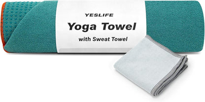YESLIFE Non-Slip Extra Thick Hot Yoga Towel with One Sweat Towel, Microfiber Sweat Absorbent Yoga Mat Towel with Grip Dot, Pilates Mat, 72" x 24", Light Blue