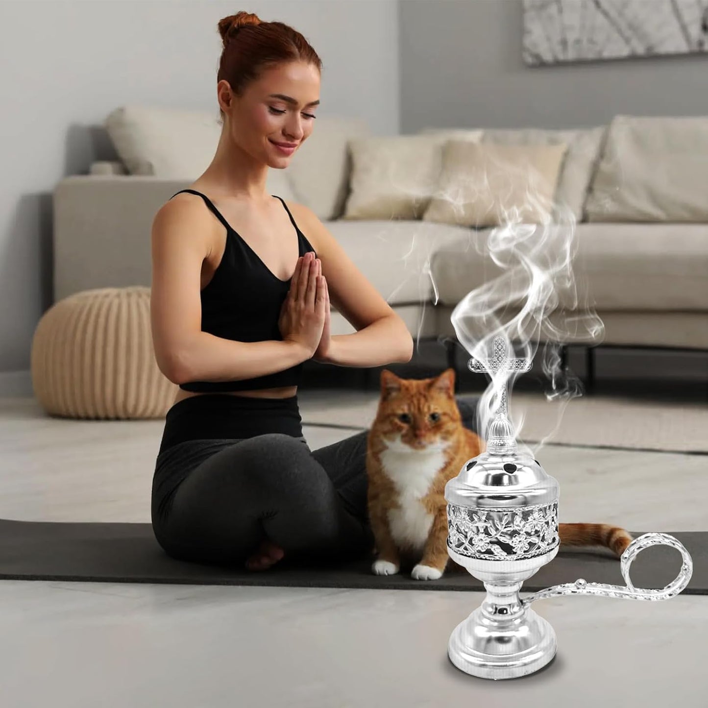 Gold Incense Burner with Tong – Frankincense Charcoal Incense Stand Aromatherapy, Yoga, Spa, Home Decor, and Church Use – Compact & Durable Bakhoor Holder