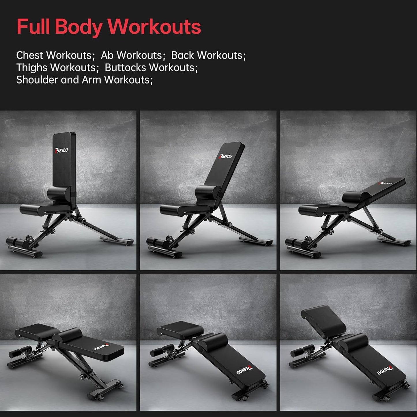 PASYOU Adjustable Weight Bench for Home Gym, Foldable Workout Benches with 660LBS, Exercise Bench for Incline Decline Flat Bench Press, Foldable Strength Bench for Daily Training