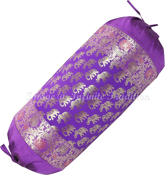 Indian Jacquard Brocade Silk Bolster Tube Pillow Cover Yoga Cylindrical Purple Couch Round Cushion Cover Boho Home Décor Living Room Small Elephant Throw Cushion Cover 30x15 inch (76x38cm) - 1 Pc.