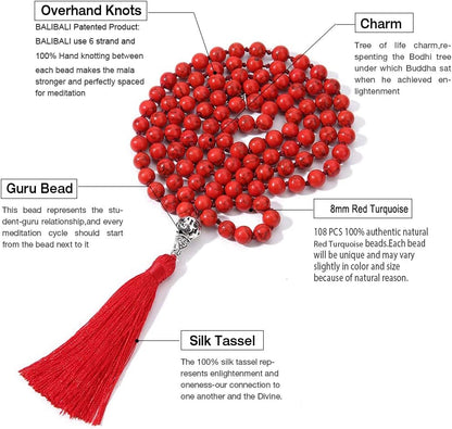 108 Mala Beads Necklace Semi-Precious Gem Stones Meditation Necklace 108 Hand Knotted Japa Mala Beaded Tassel Necklace with Tree of Life Pendant
