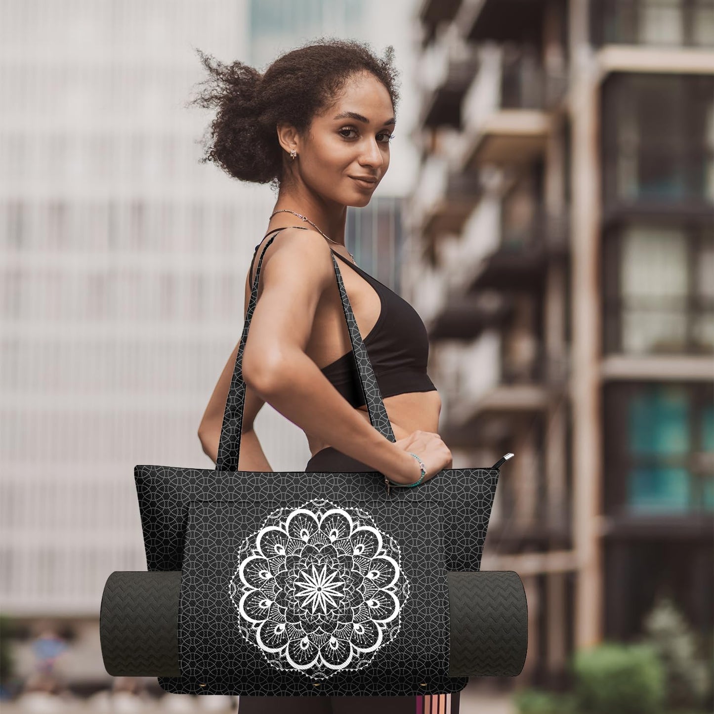 Yoga Bag for Women, Large Canvas Yoga Mat Tote Bag with Yoga Mat Carrier - Large Mat Pocket Fitness Tote for Pilates, Gym, Travel, Office & Beach