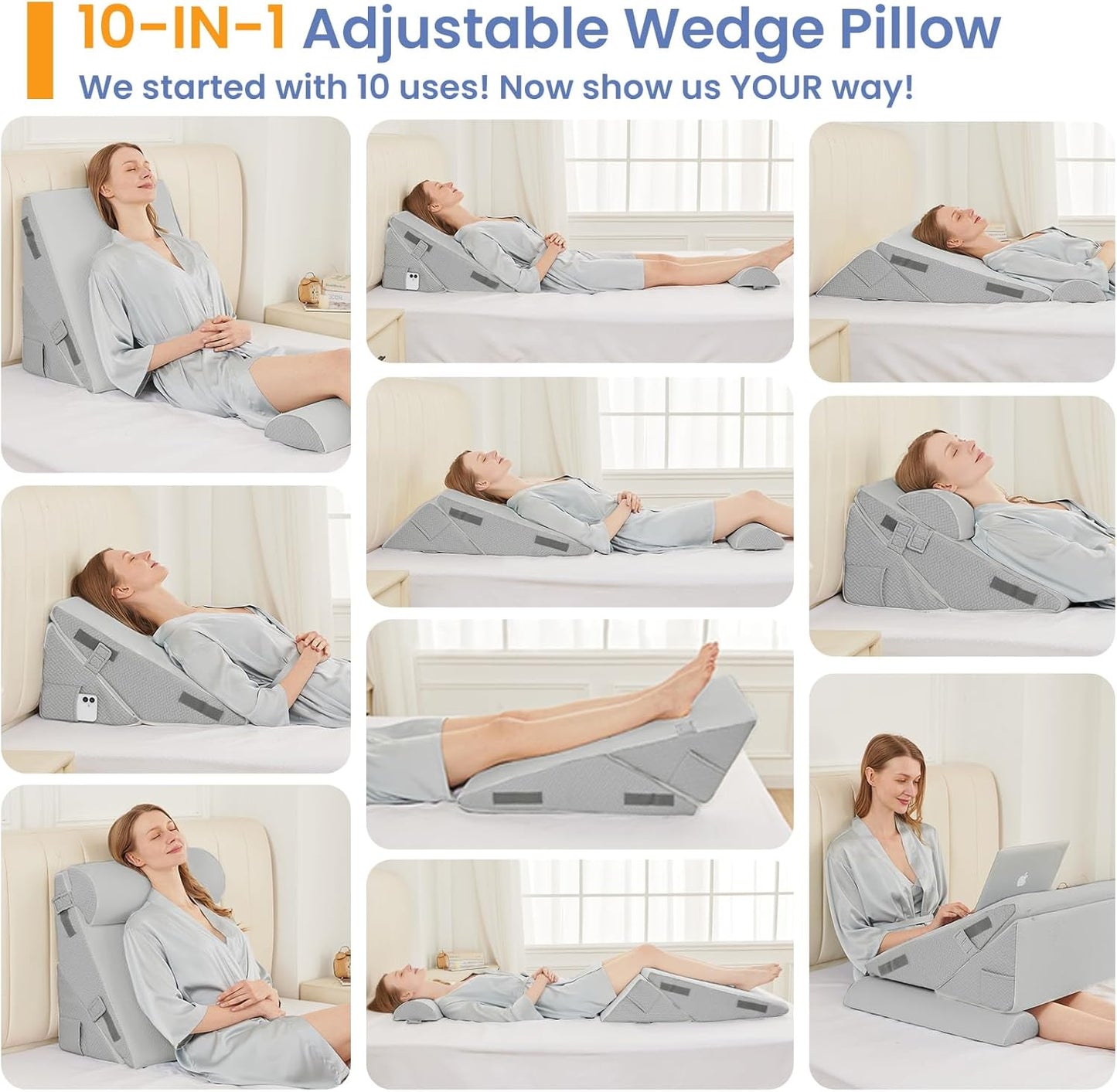 Sasttie Wedge Pillow Set for After Surgery, 2PCS Adjustable Bed Wedge Pillow Headboard with Memory Foam Neck Cushion – for Acid Reflux, Sleeping, Neck & Back Support, Dark Grey