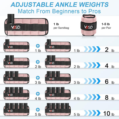 VBSD Adjustable Ankle Weights for Men Women, 2 4 6 8 10 lbs 1 Pair Leg Weight Straps, Weighted Ankle Weight Set with Removable Sandbags for Walking Running Yoga Physical Therapy Gym Home Workout