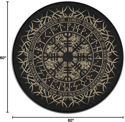 Soft Round Yoga Carpet, Large Home Decor Mat, Non-Slip Machine Washable Kitchen Office Circle Rug Compatible with Cool Norse Viking Vegvisir Runic Compass