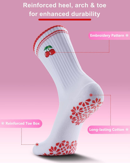 Pilates Grip Socks for Women - Embroidery Athletic Crew, Non-Skid Sticky Soles for Yoga, Barre, Workout & Hospital