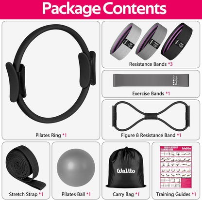 WALITO Home Pilates Kit for Women,Pilates Ring Set with Magic Circle,Resistance Bands,Figure 8 Workout Bands,Mini Ball, Compact Toning Fitness Essentials Starter Set Accessories Gift