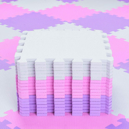 qqpp EVA Rubber 18 Tiles Interlocking Puzzle Foam Floor Mats - Baby Play Mat for Playing | Exercise Mat for Home Workout. White, Pink, Gray. QC-ACLb18N