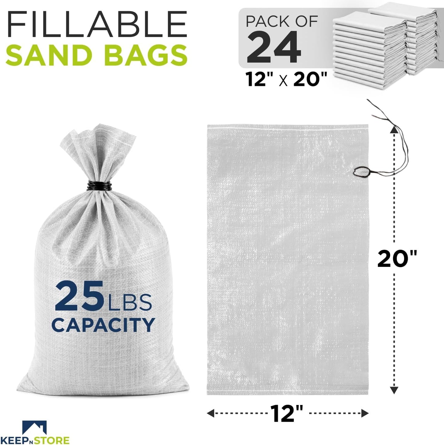 Heavy Duty Sand Bags Pack of 3, White Empty Sandbags with Built-In Ties, Woven Polypropylene UV Protection 1600 Hours, Fillable Sand Bags for Flood Control, Weight, 10x14 inches, 15 Pounds Volume