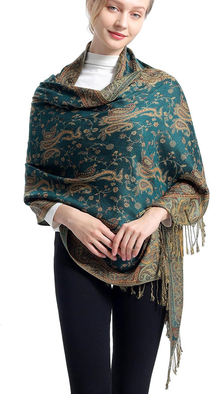 Ciormis Two Tone Silky Paisley Pashmina Shawl Scarf,Soft Women's Rave Jacquard Pashminas Wrap Scarves