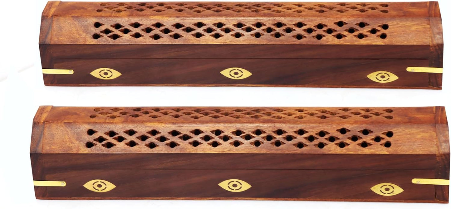Sheesham Wood Incense Burner Holder - Set of 2 Coffin Style Sun Moon Inlay Handmade Aromatherapy Room Freshener Fragrance Cone Incense Stick Burner Ash Catcher - Zen Home Gift - 12x2x2 - COTTON CRAFT