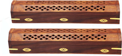 Sheesham Wood Incense Burner Holder - Set of 2 Coffin Style Sun Moon Inlay Handmade Aromatherapy Room Freshener Fragrance Cone Incense Stick Burner Ash Catcher - Zen Home Gift - 12x2x2 - COTTON CRAFT
