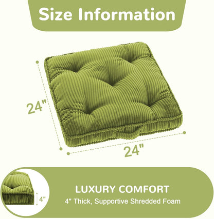 Meditation Floor Cushion, 22x22 Tufted Floor Pillow for Adults, Square Large Meditation Cushion Pillow, Green Corduroy Sitting with Handle, Yoga Seating for Tatami, 1Pack
