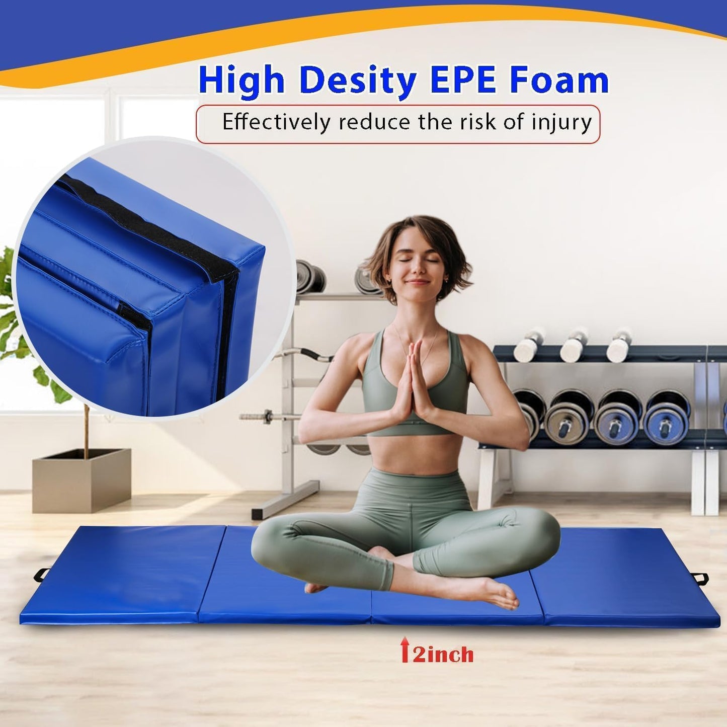 Gymnastics Tumbling Mat Portable Gymnastics Mat Foldable Tumbling Mat 2ft W 6ft L/4ft W 6ft L/4ft W 8ft L/4ft W 10ft Exercise Mat Yoga Mat with Carrying Handles for Yoga Gymnastics