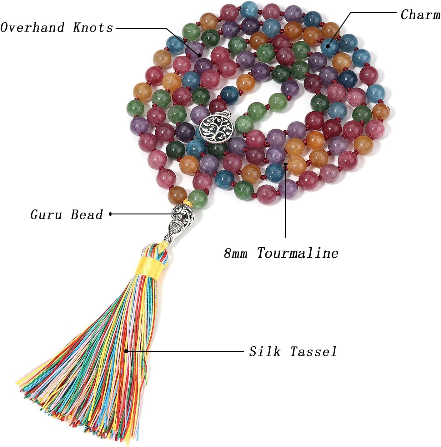 108 Mala Beads Necklace Semi-Precious Gem Stones Meditation Necklace 108 Hand Knotted Japa Mala Beaded Tassel Necklace with Tree of Life Pendant