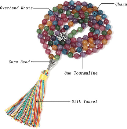108 Mala Beads Necklace Semi-Precious Gem Stones Meditation Necklace 108 Hand Knotted Japa Mala Beaded Tassel Necklace with Tree of Life Pendant