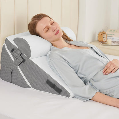 Sasttie Wedge Pillow Set for After Surgery, 2PCS Adjustable Bed Wedge Pillow Headboard with Memory Foam Neck Cushion – for Acid Reflux, Sleeping, Neck & Back Support, Dark Grey