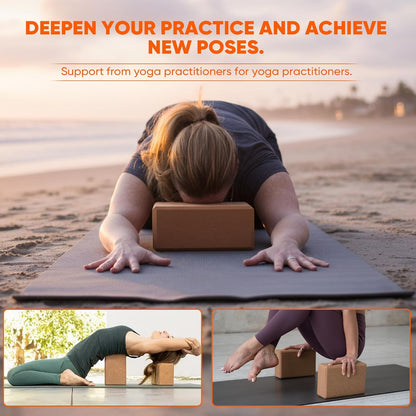2-Pack Cork Yoga Blocks for Pilates & Meditation, Non-Slip Moisture-Proof Lightweight Bricks, Supportive Eco-Friendly Equipment for Stretching & Pose Enhancement