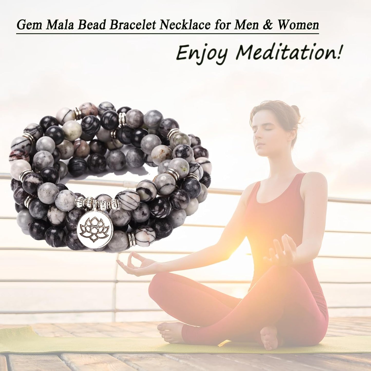 Mala Bead Strand Bracelet, 108 Buddhist Prayer Beads Yoga Meditation Green Malachite Beads Necklace Women man