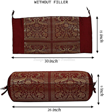 Ethnic Decorative Bolster Tube Pillow Covers Cylindrical Maroon Yoga Large Couch Round Cushion Cover Jacquard Brocade Poly Dupion Silk Small Elephant Throw Pillow Case 76x38cm (30x15 inch) 2 Pc.
