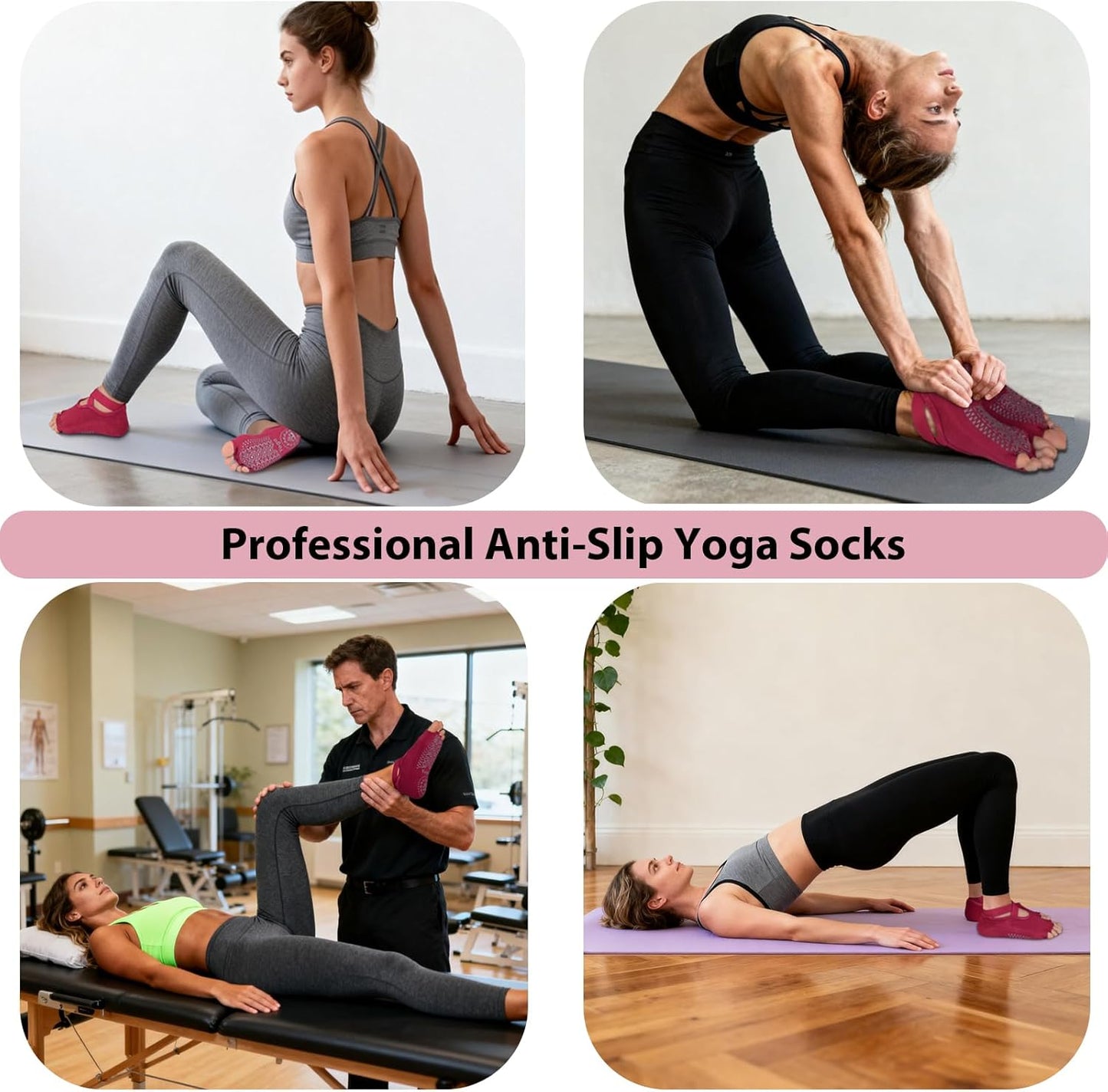 4-Pack Professional Yoga Socks for Women - Pilates Grip Socks for Barre, Dance, Plasticity, Home, Studio - Fits US 5-10
