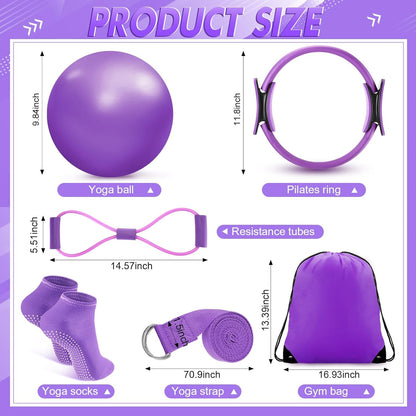 Poen 18 Pcs Home Pilates Ball and Ring Circle Set Yoga Fitness Essentials Kit with 5 Resistance Band Stretching Strap Non Slip Sock Ball Core Slider Wristband Headband Gym Bag for Women