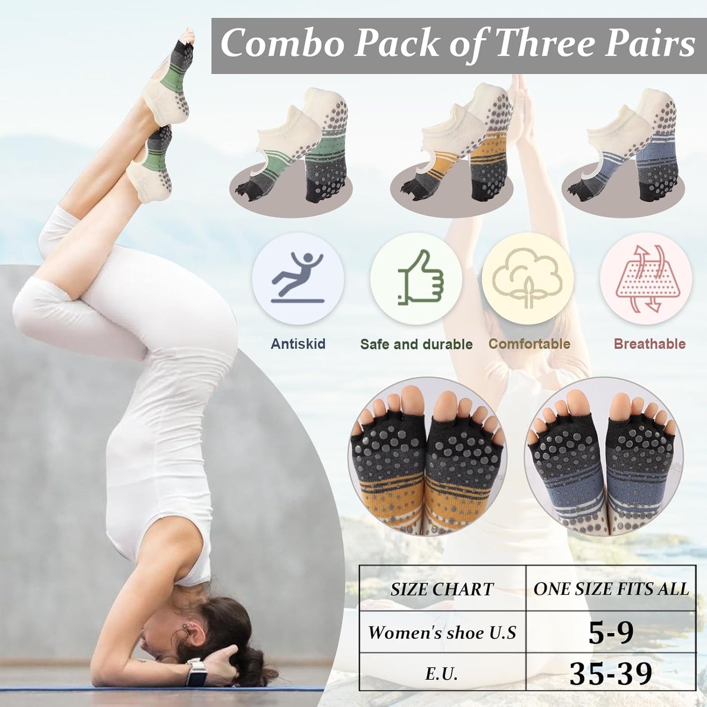 Pilates Socks with Grips for Women,Yoga Socks, Non-Slip Yoga Sock with Toe Separators, Pilates Non Slip Sock