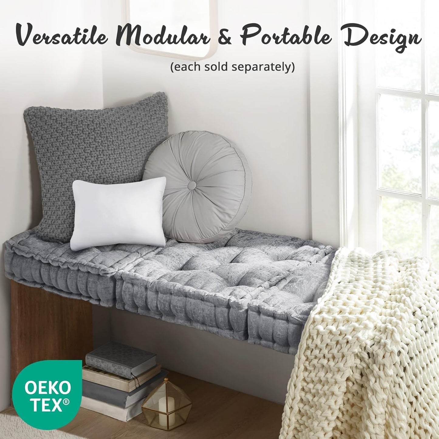 Intelligent Design Large Floor Pillow for Adults Yoga or Meditation Cushion with Handle, Floor Cushion for Board Games, Lustrous Chenille Tufted, Handsewn Scalloped Edge, Azza, 24" x 24" x 5" Yellow