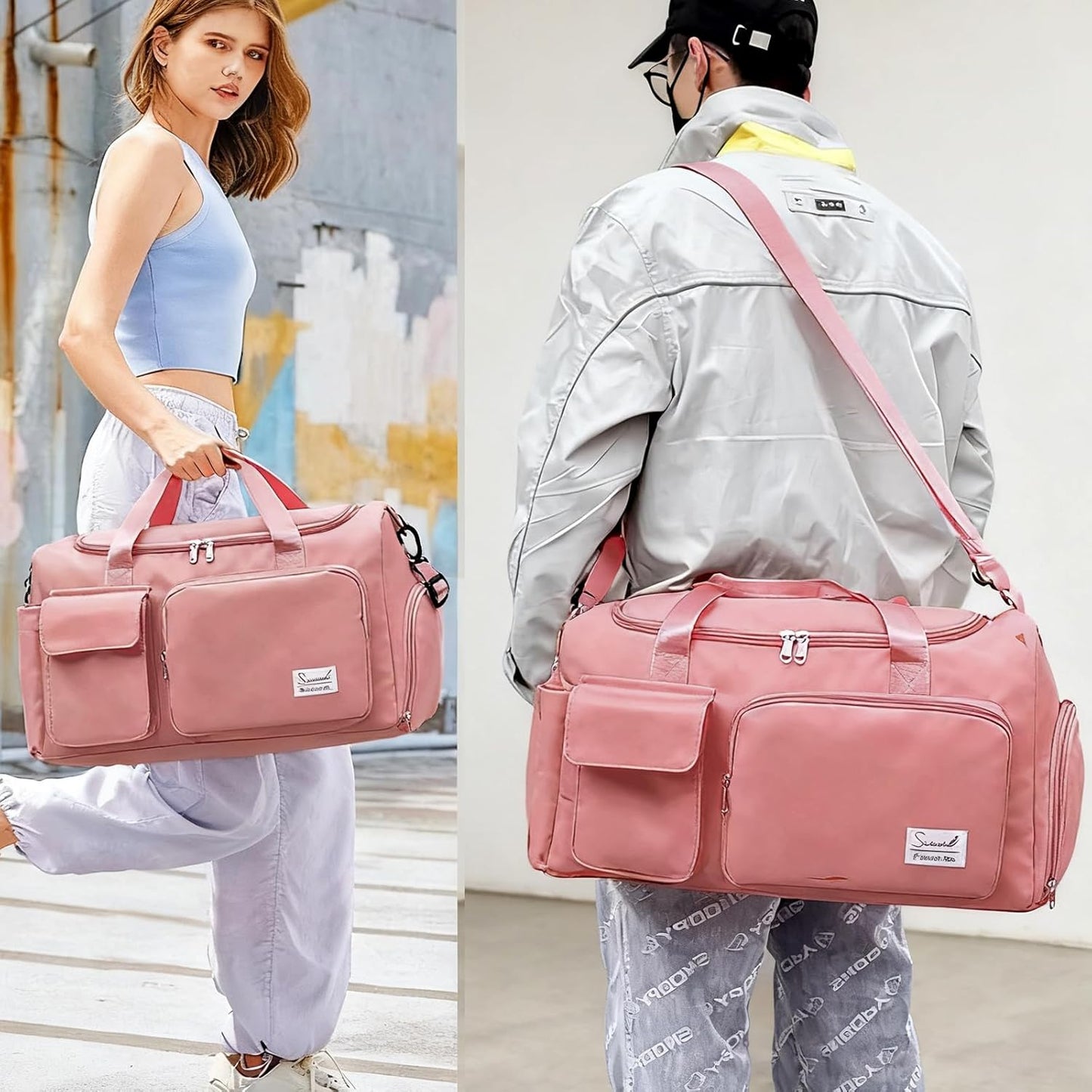 Suruid Travel Yoga Duffel Bag with Shoes Compartment Sports Gym Handbag with Dry Wet Separated Pocket for Training Men and Women, Overnight /Weekender Bag - Pink