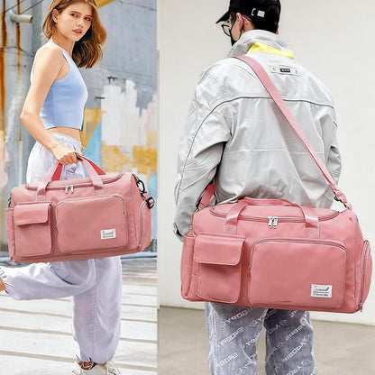 Suruid Travel Yoga Duffel Bag with Shoes Compartment Sports Gym Handbag with Dry Wet Separated Pocket for Training Men and Women, Overnight /Weekender Bag - Pink