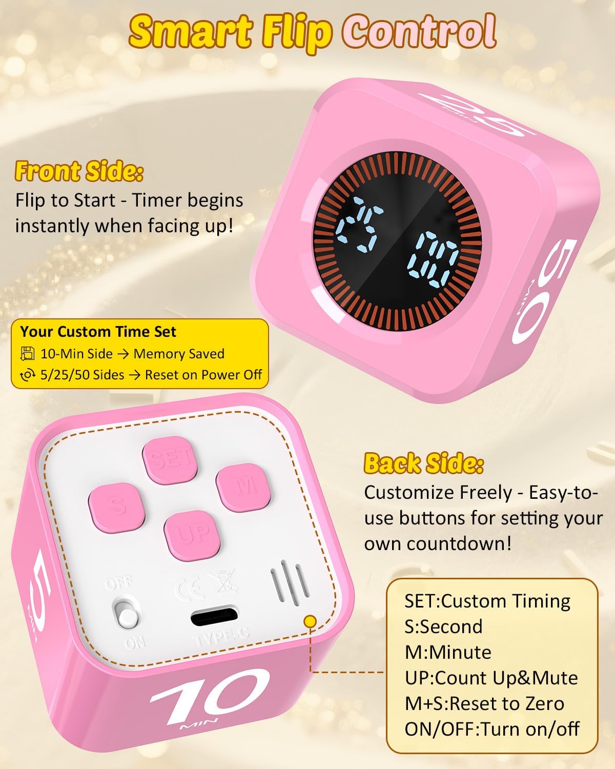Digital Pomodoro Timer Cube 5/10/25/50min, Visual Productivity Flip Timer for Kids Classroom Desk, Custom Countdown, Silent and Sound Mode for ADHD Study Work Game Kitchen (Black)