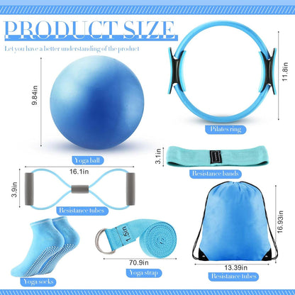 Poen Pilates Equipment Kit for Home Workout Pilates Ring and Ball Set for Women 12'' Circle Yoga Fitness Essentials Kit with Resistance Bands, Yoga Strap, Socks,Bag